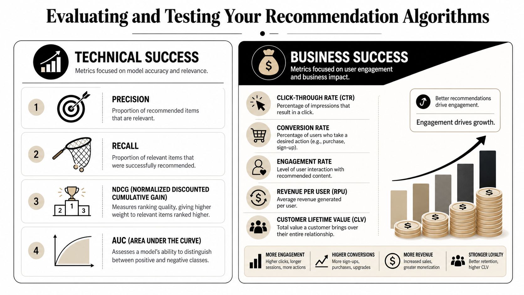 An infographic showing technical and business success metrics for evaluating and testing various recommendation algorithms.