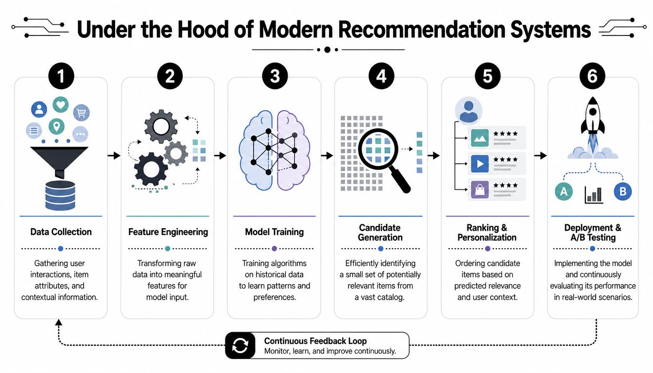 A six-step infographic illustrating the pipeline of modern recommendation systems, from data collection to deployment.