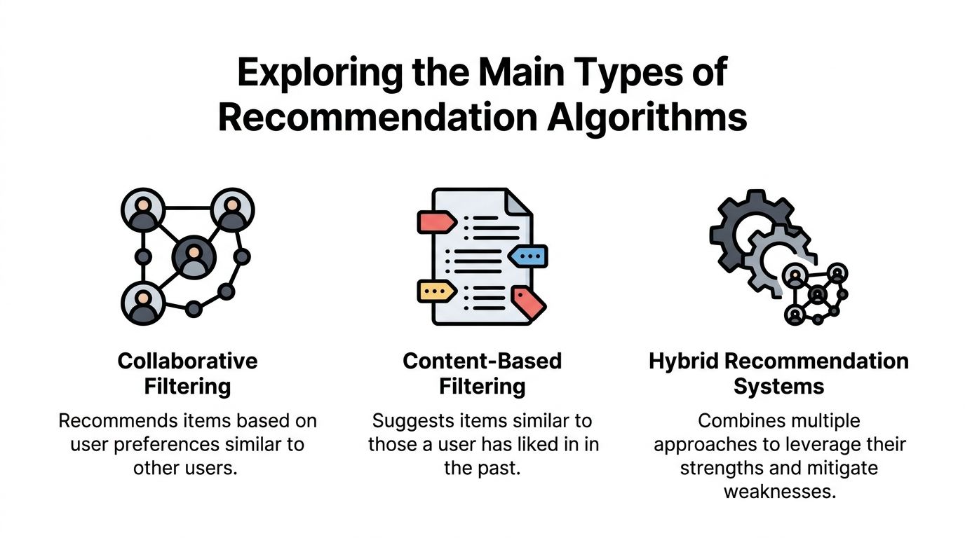 An infographic showing the three main types of recommendation algorithms: collaborative filtering, content-based filtering, and hybrid systems.