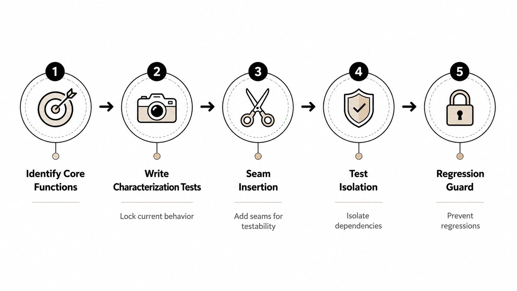 A five-step process diagram illustrating how to refactor legacy code through testing and isolation techniques.