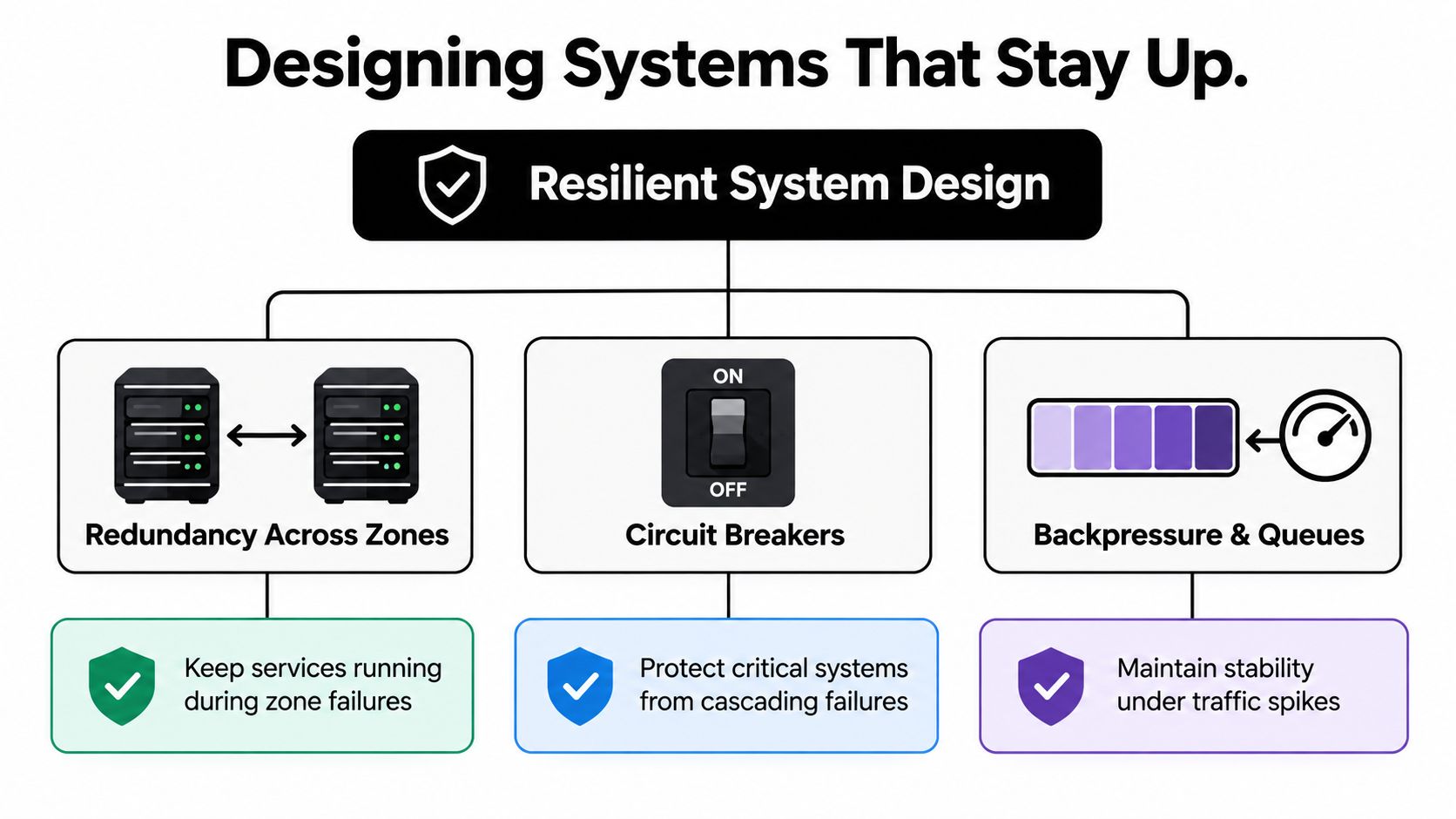 A diagram outlining resilient system design strategies including redundancy across zones, circuit breakers, and backpressure queues.