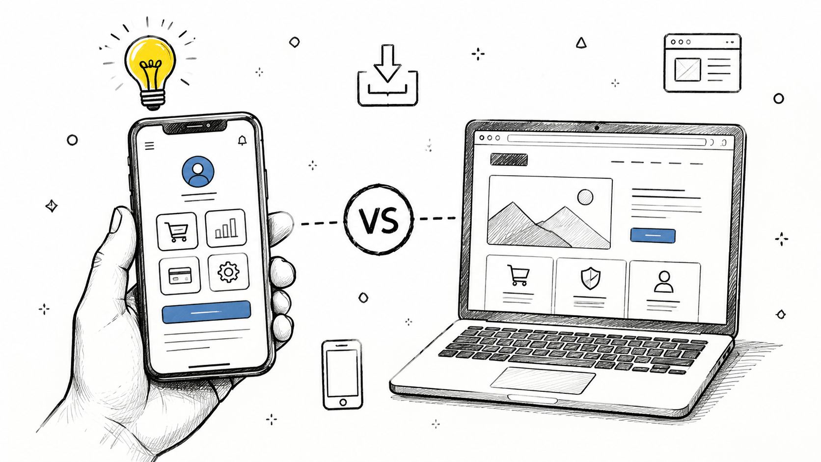 A hand holding a mobile phone illustrating a retail app versus a laptop displaying a website interface.