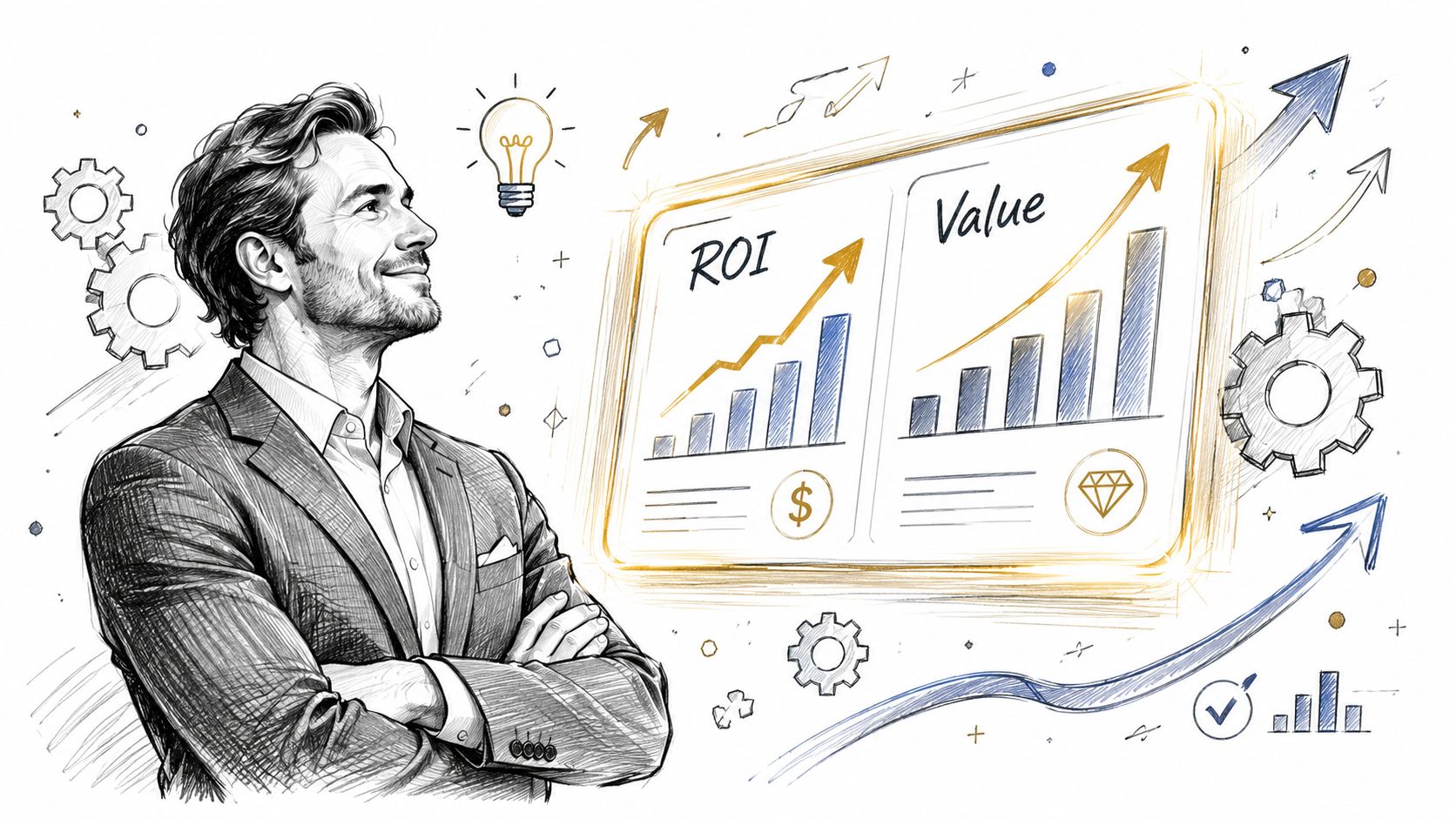 A professional man looking at digital charts illustrating growth in ROI and value through automation.