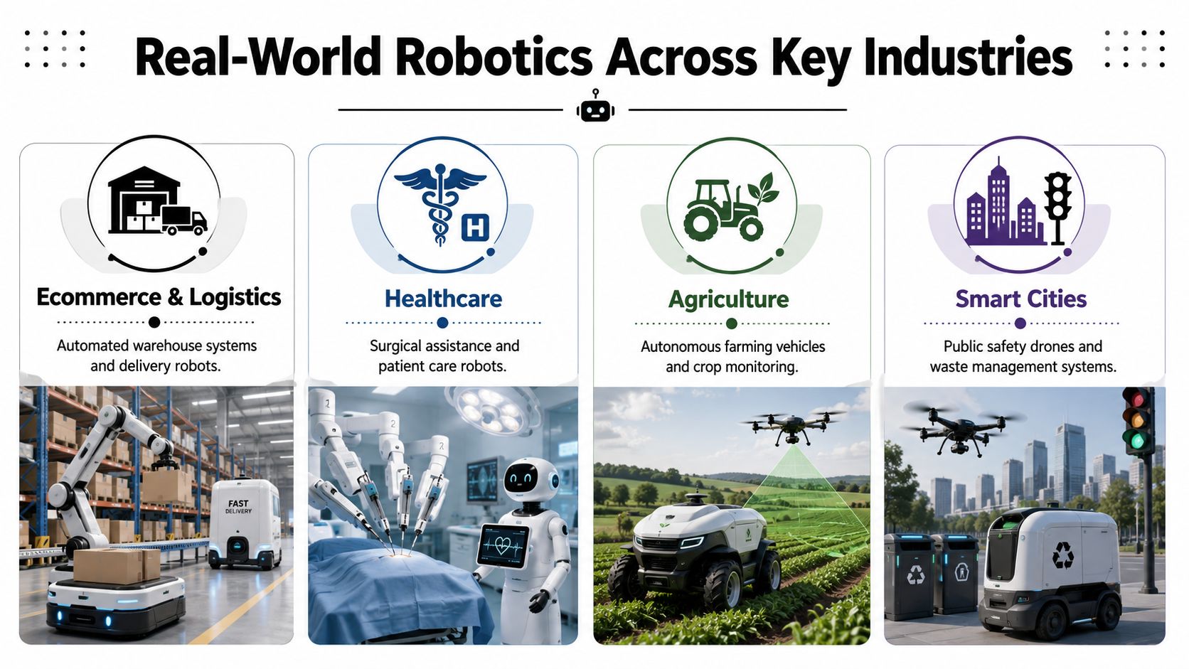 An infographic displaying the diverse applications of robotics in logistics, healthcare, agriculture, and smart city management.