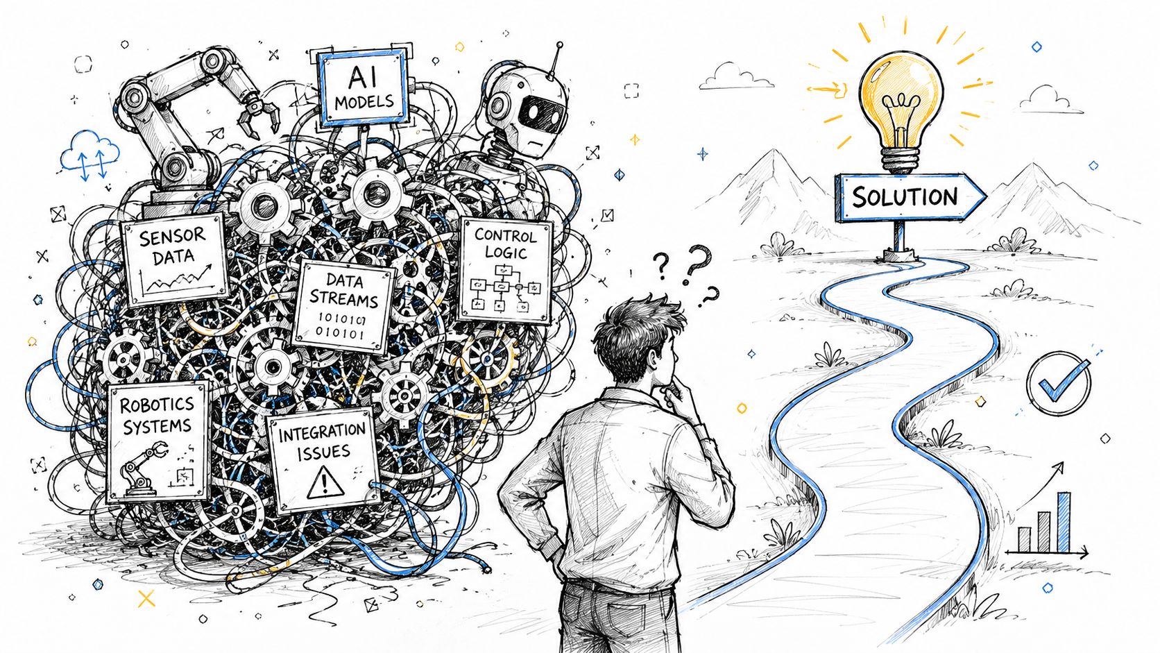 A person looking at a complex tangle of robotic components and data streams, searching for a solution.