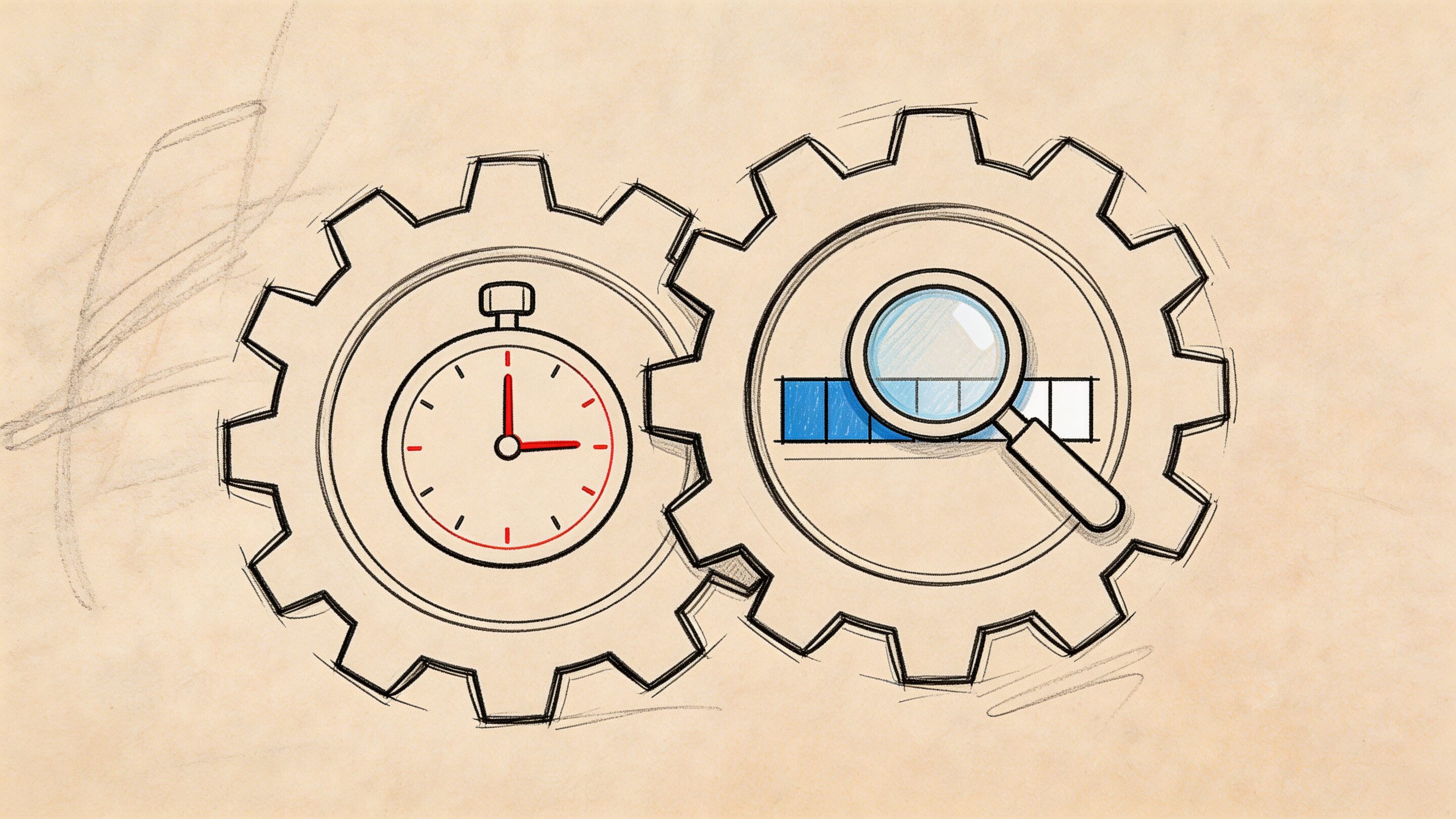 A hand-drawn illustration featuring two interlocking gears, one containing a stopwatch and the other a magnifying glass.