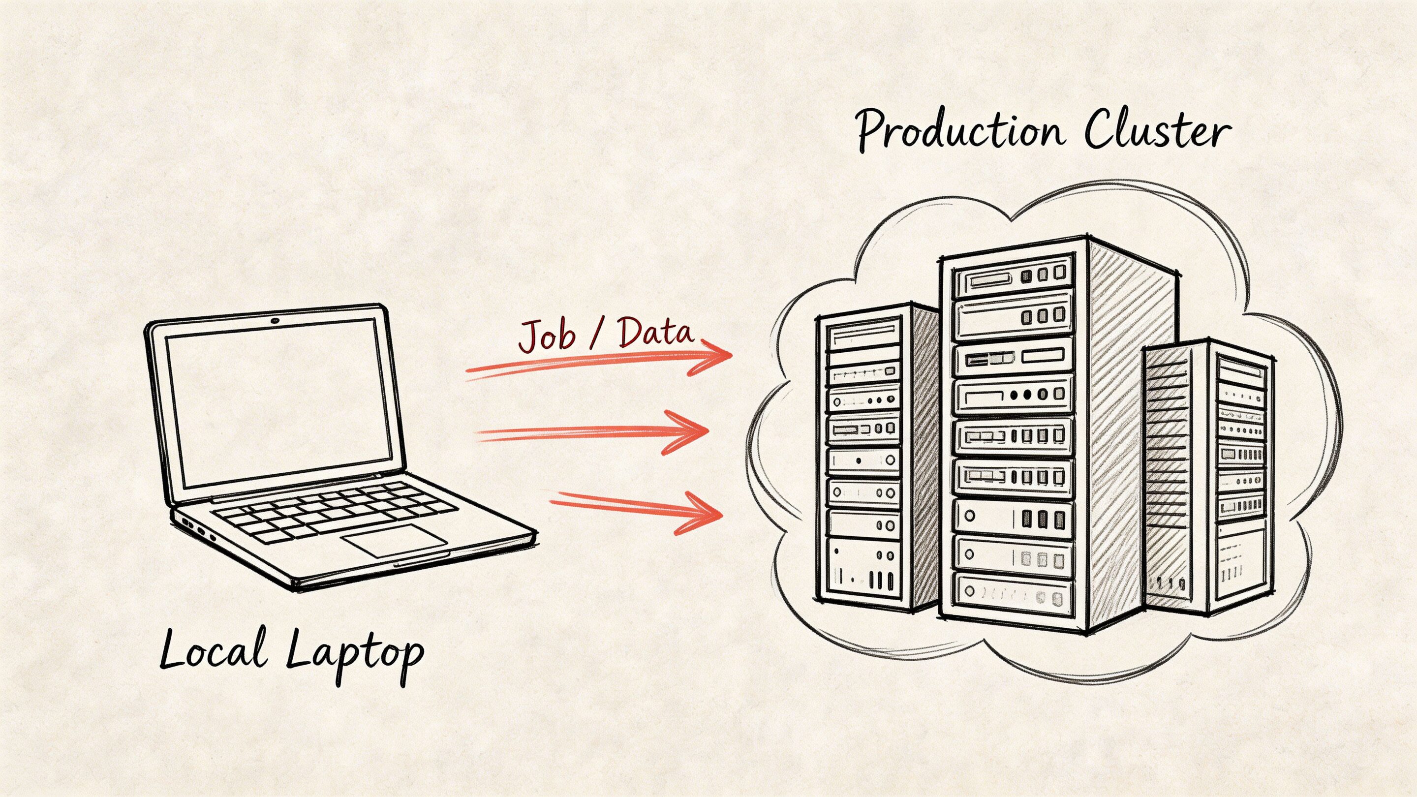 A conceptual sketch showing a local laptop sending data and jobs to a production server cluster.