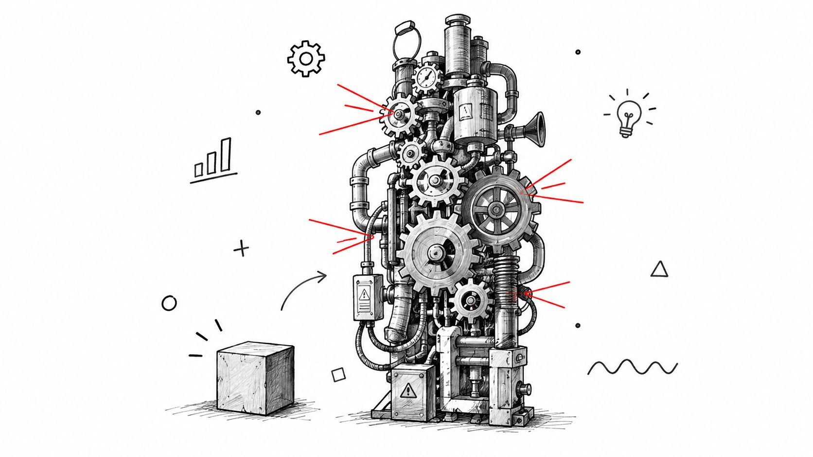 A complex pencil sketch illustration of a steampunk machine with gears and indicators, symbolizing industrial process automation.