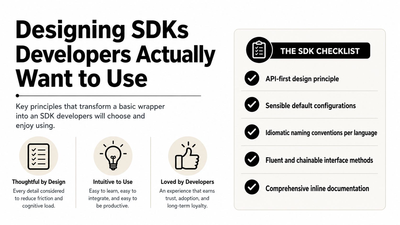 A graphic showing key principles for designing high-quality, developer-friendly software development kits and user experiences.
