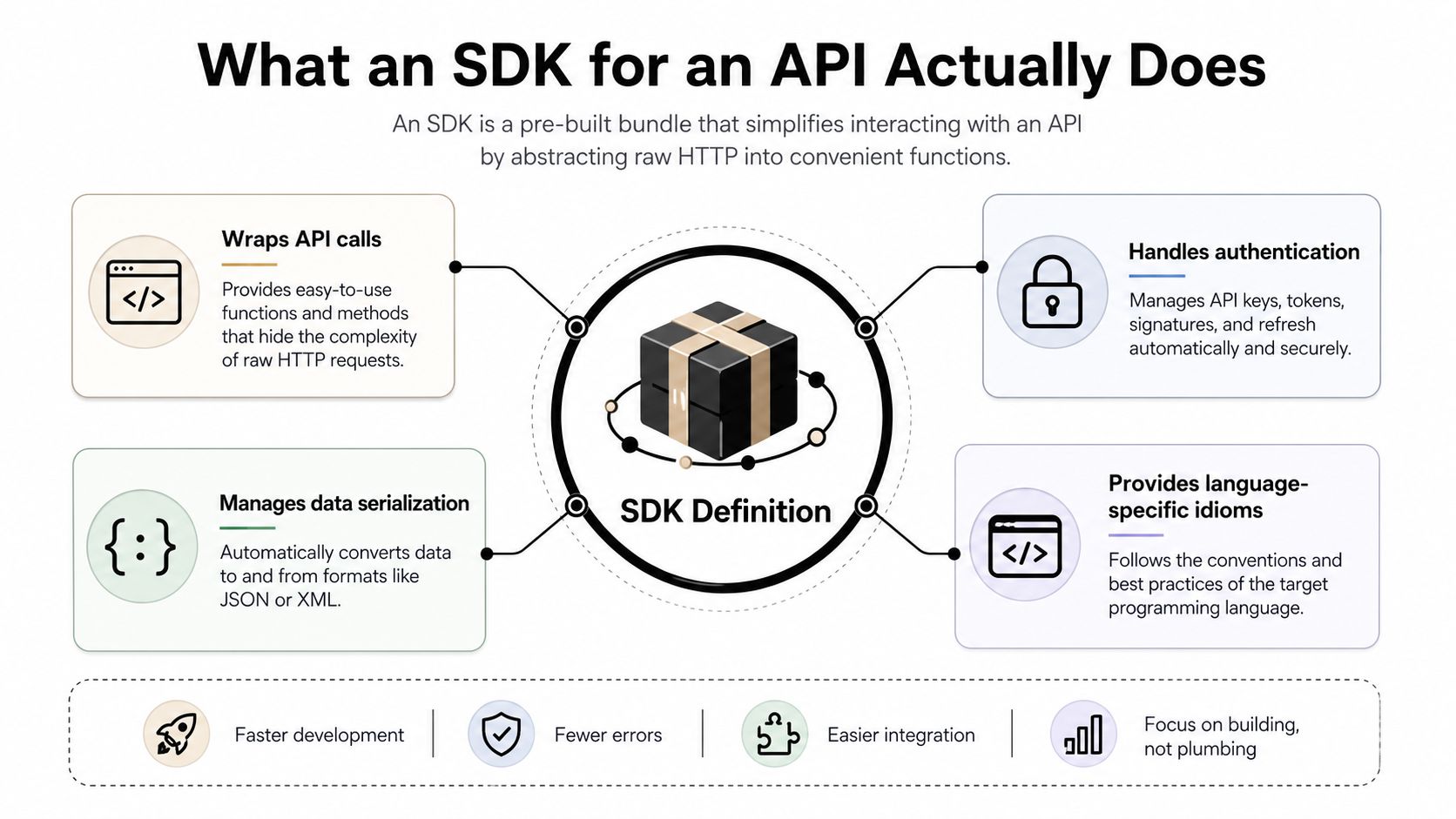 An infographic explaining how an SDK simplifies API interactions by providing pre-built functions and tools.