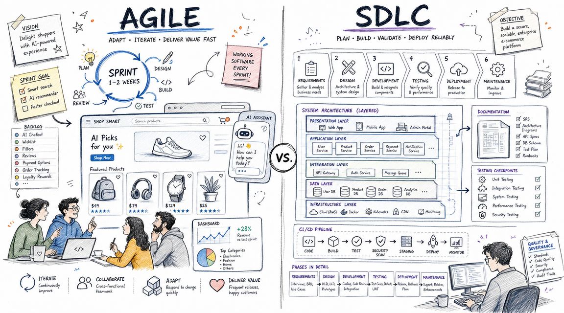 A comparative illustration detailing the differences between Agile and SDLC methodologies for software development projects.