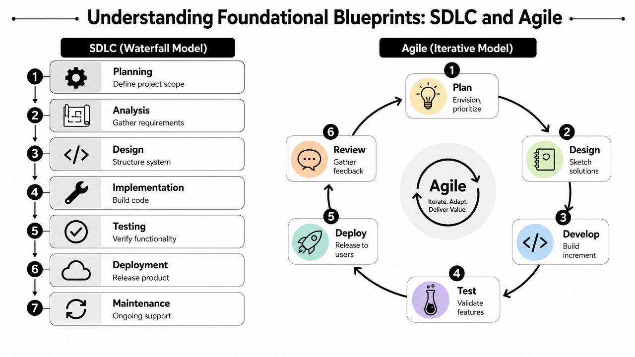 A comparison diagram detailing the linear Waterfall SDLC model and the circular iterative Agile development process.
