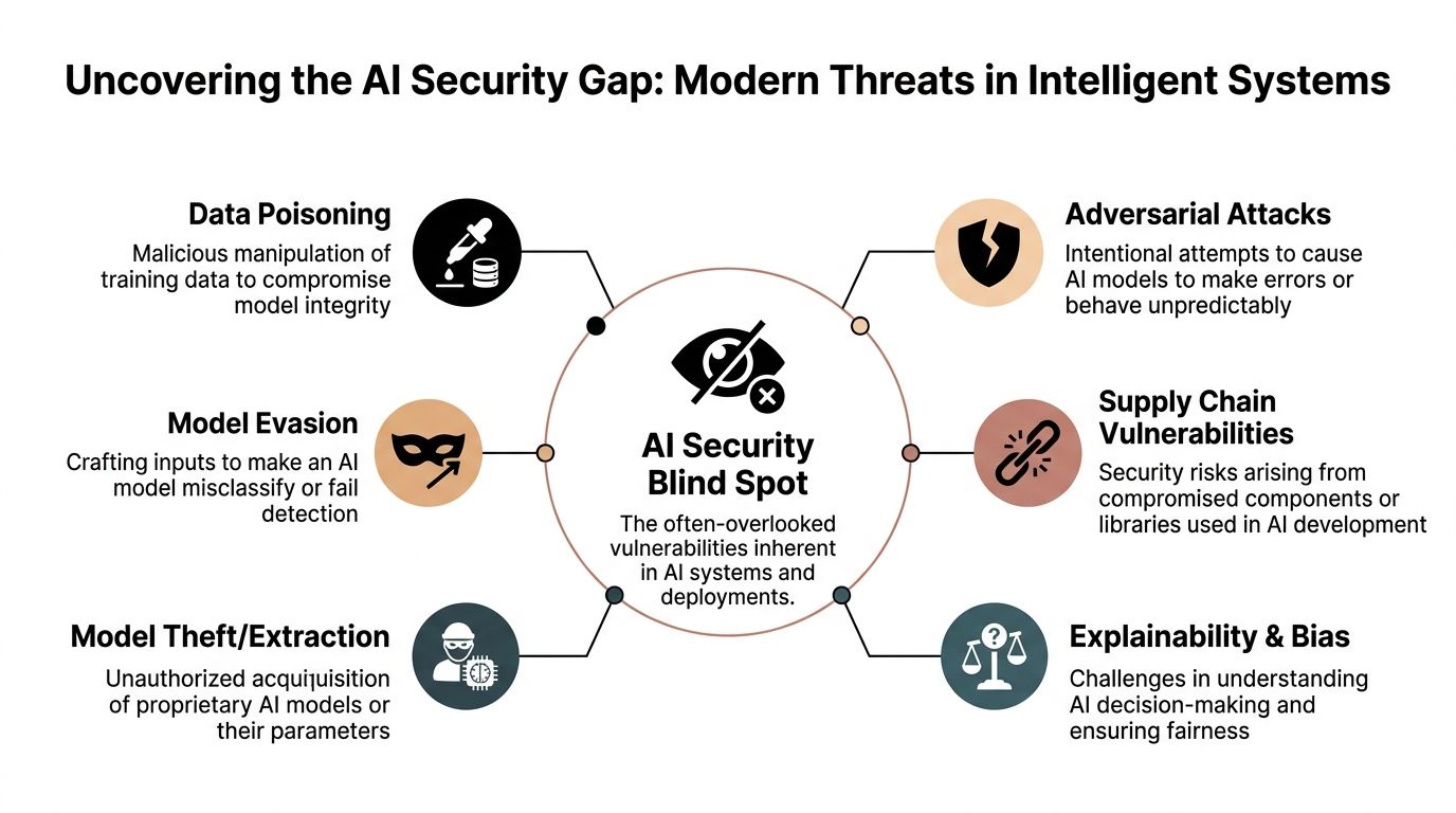 An infographic illustrating six common security vulnerabilities and threats inherent in modern intelligent AI systems.