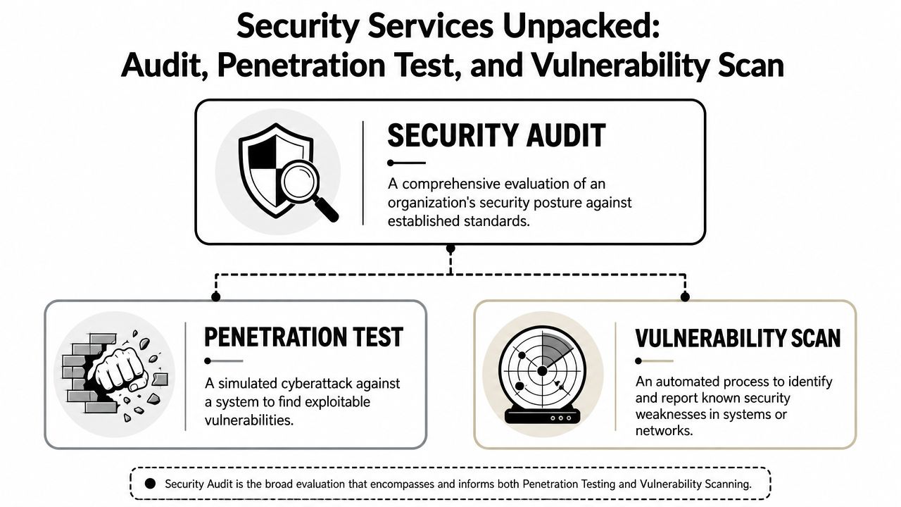 A diagram explaining the difference between security audits, penetration testing, and vulnerability scanning for cyber security.