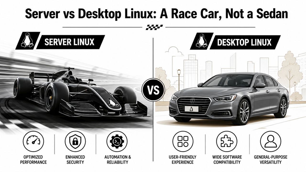 A conceptual comparison between server Linux as a race car and desktop Linux as a sedan.