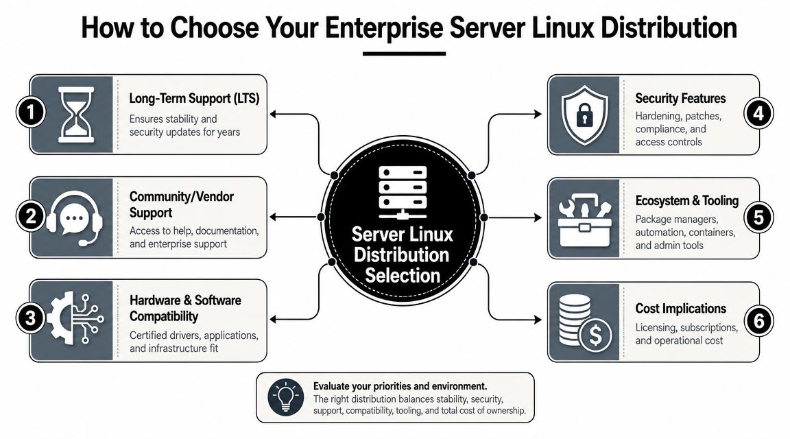 An infographic illustrating six key factors to consider when choosing an enterprise server Linux distribution for businesses.