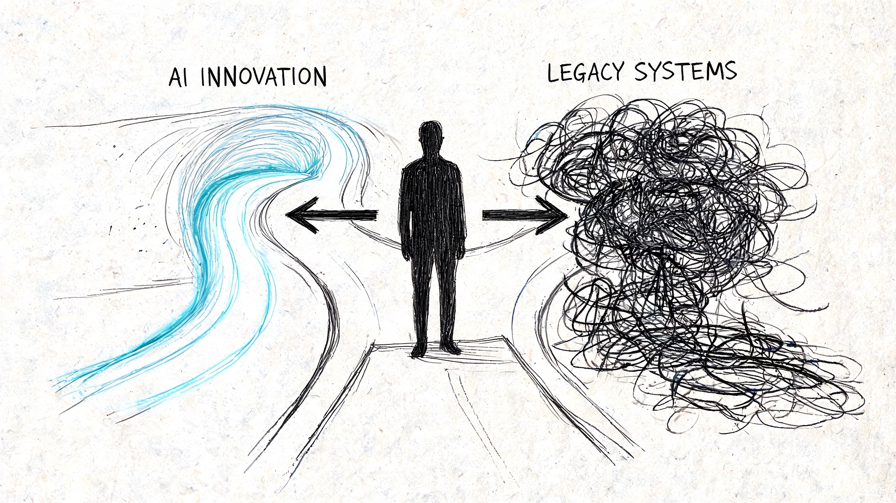 A person standing at a crossroads between blue flowing AI innovation and tangled black legacy systems.