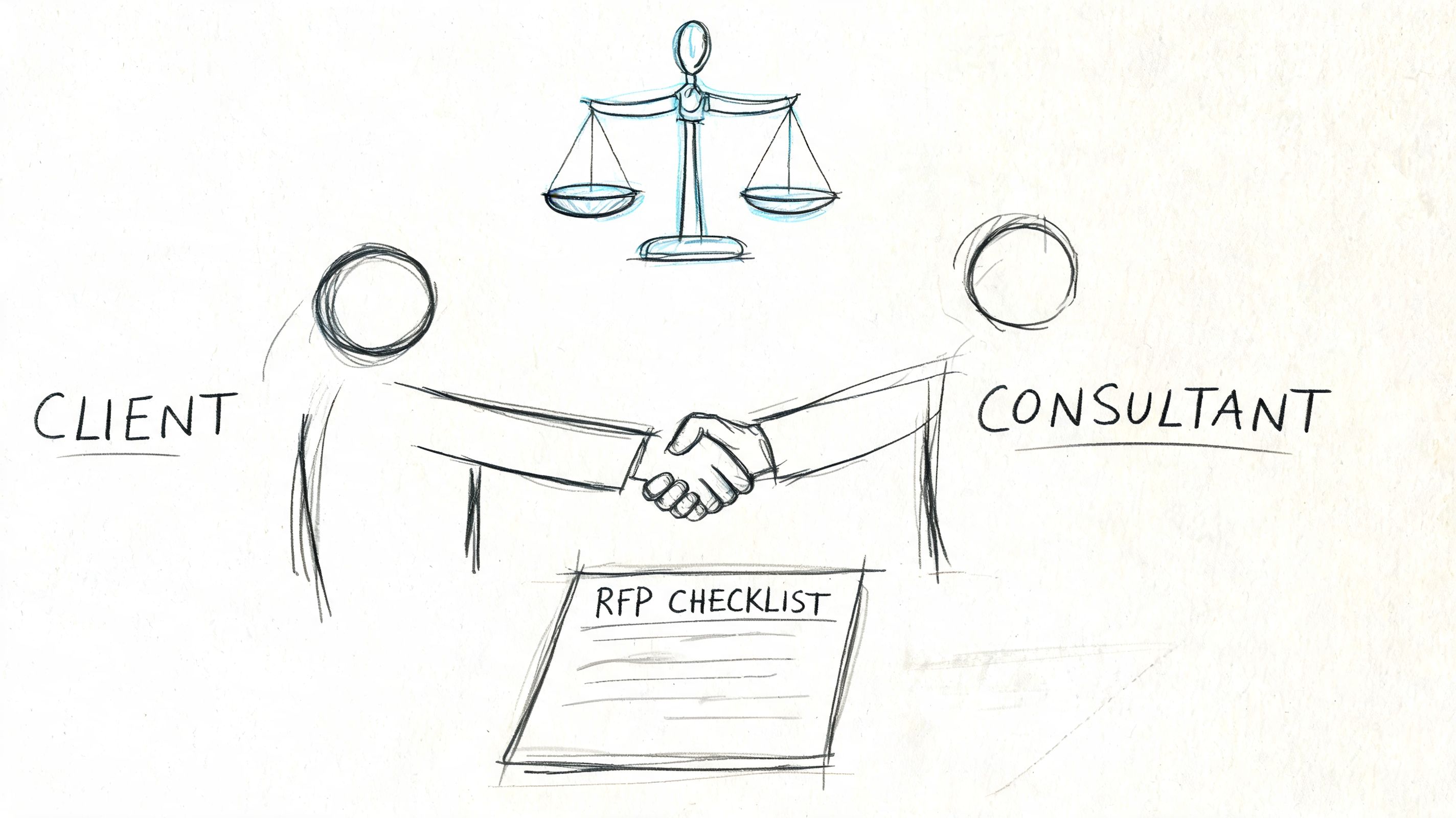 A line drawing depicting a client and consultant shaking hands over an RFP checklist under a balance scale.
