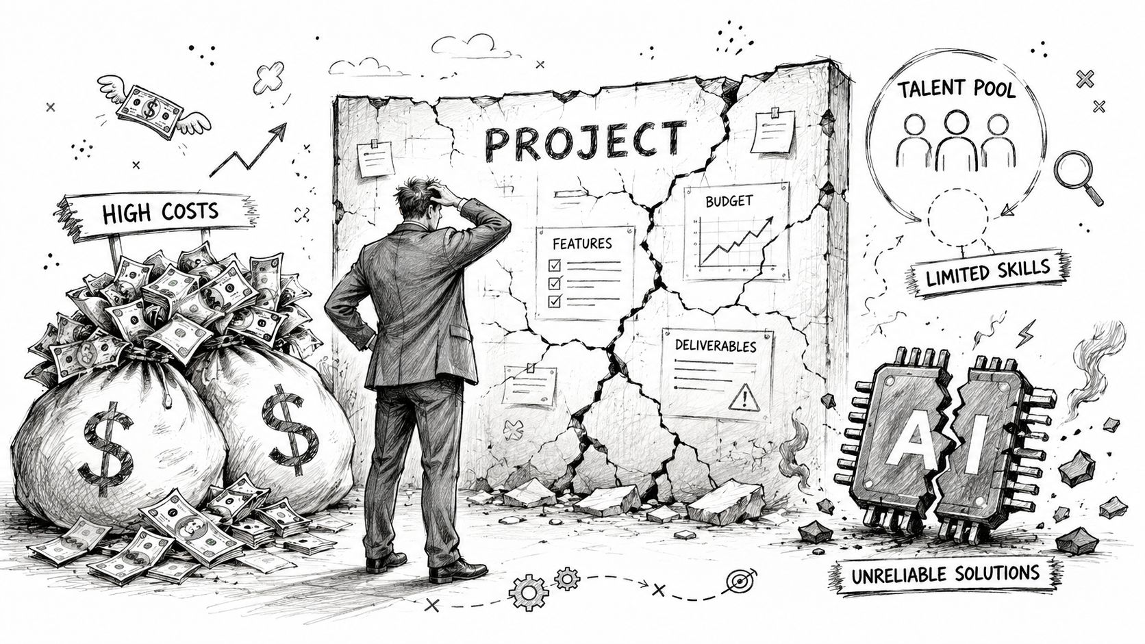 A concerned business professional analyzing a crumbling wall representing project challenges like high costs and unreliable AI.