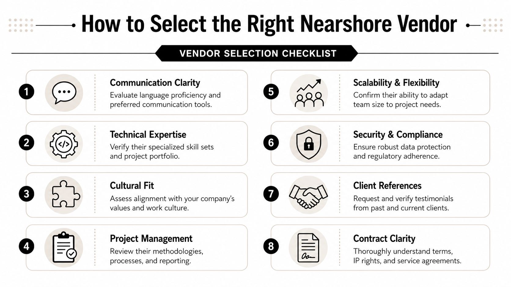 An infographic checklist for businesses detailing eight key steps to select the right nearshore development vendor.