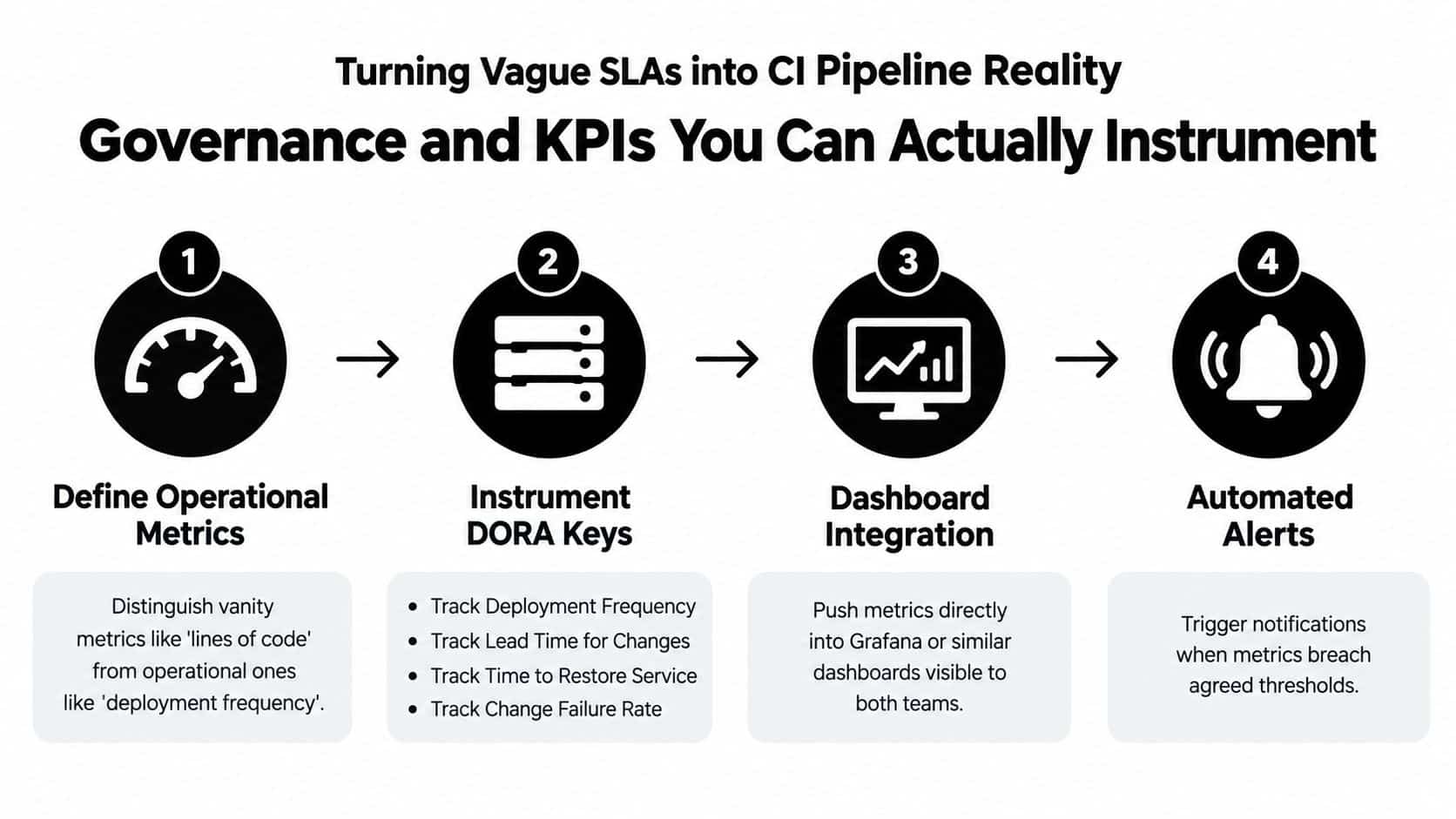 A four-step infographic illustrating how to integrate operational metrics and DORA KPIs into CI pipelines.
