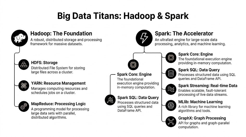 A diagram comparing components of Hadoop and Spark frameworks for big data storage and processing.