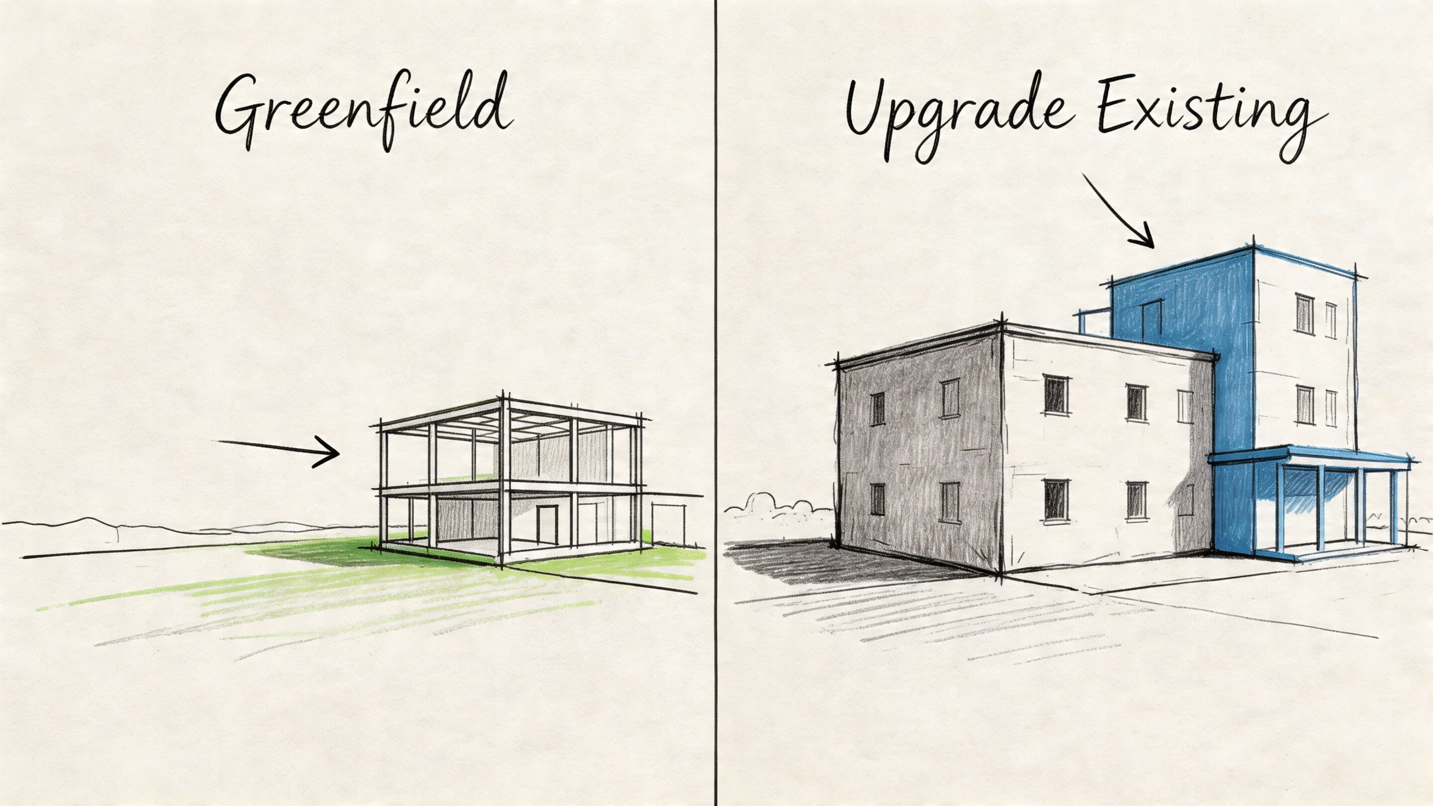 A conceptual sketch comparing a greenfield new construction project with an upgrade to an existing building.