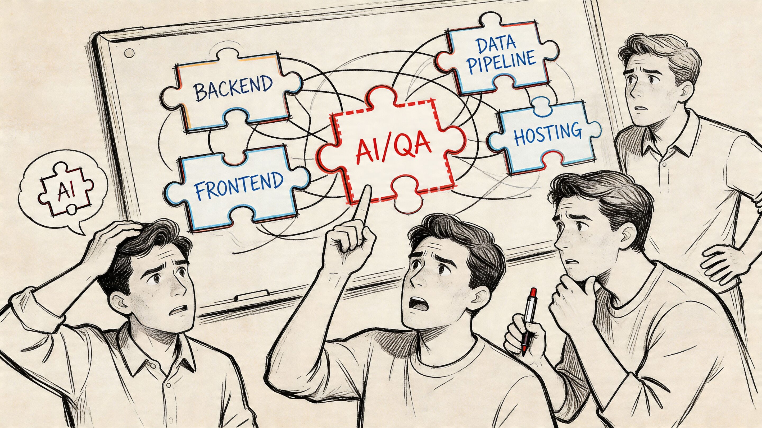 A group of focused software engineers brainstorming technical architecture challenges and AI quality assurance on a whiteboard.