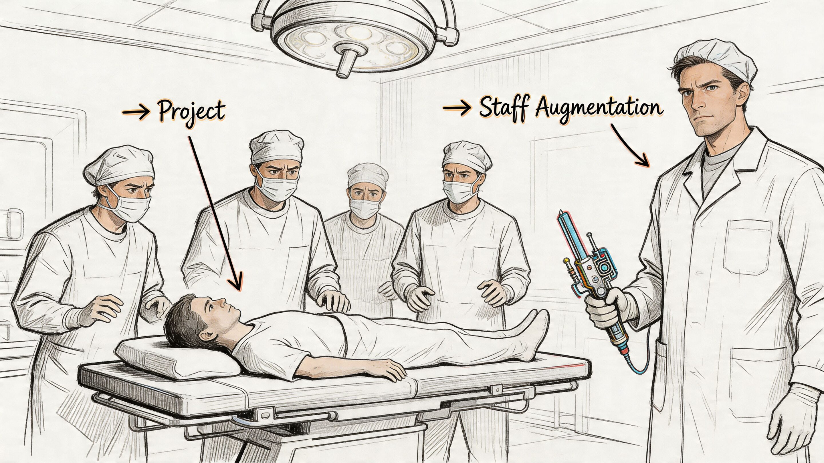 A conceptual illustration showing a surgery room with a patient representing a project and a doctor representing staff augmentation.