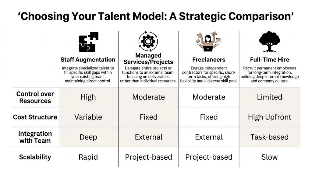 A strategic comparison chart titled Choosing Your Talent Model detailing pros and cons of four different hiring methods.