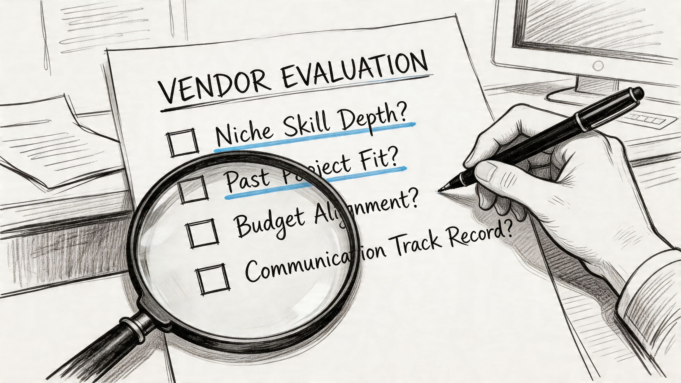 A hand holding a pen over a vendor evaluation checklist being examined with a magnifying glass.