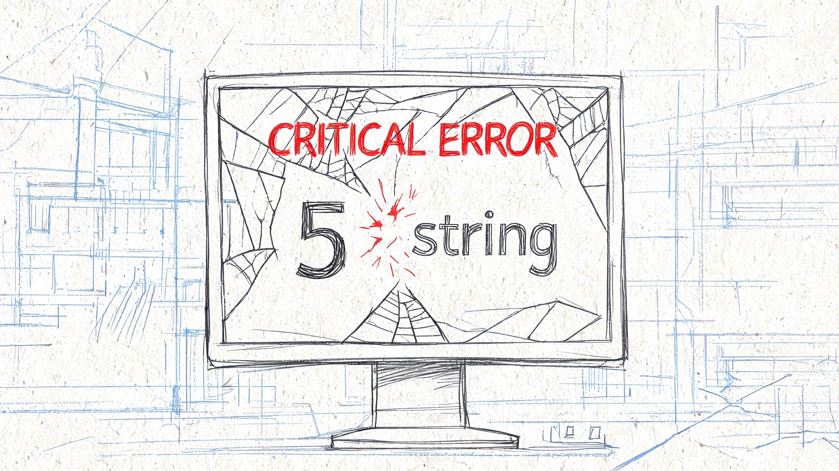 A hand-drawn sketch of a broken computer screen displaying the text CRITICAL ERROR 5 string.