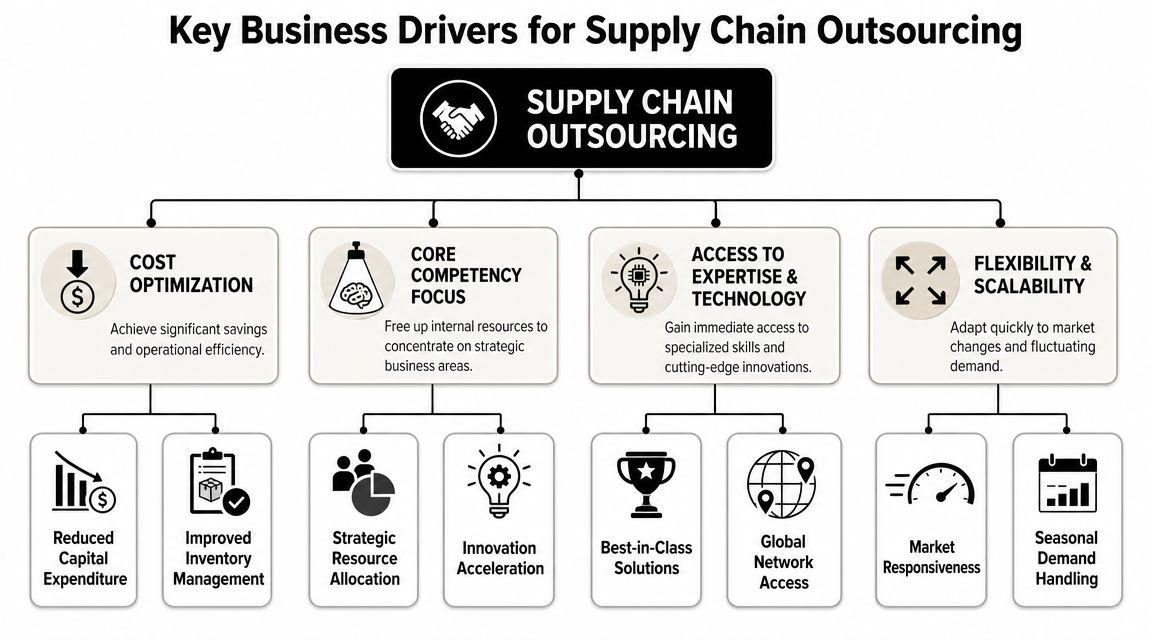 A diagram illustrating the key business drivers for supply chain outsourcing, including cost optimization, core competency focus, expertise, and scalability.