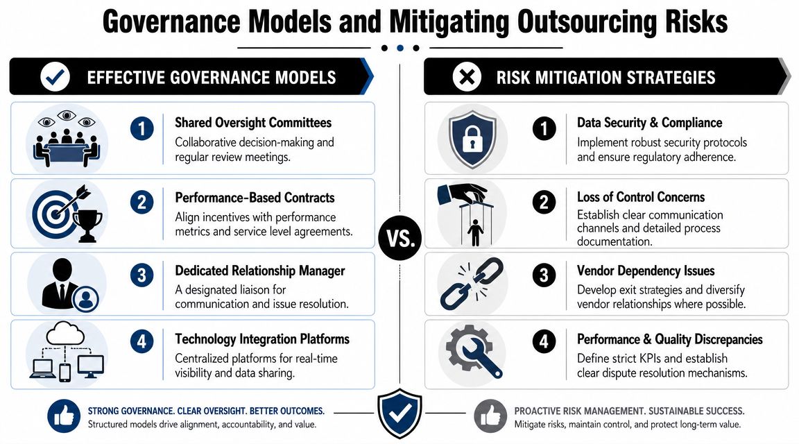 An infographic comparing effective governance models against key risk mitigation strategies in outsourcing relationships.