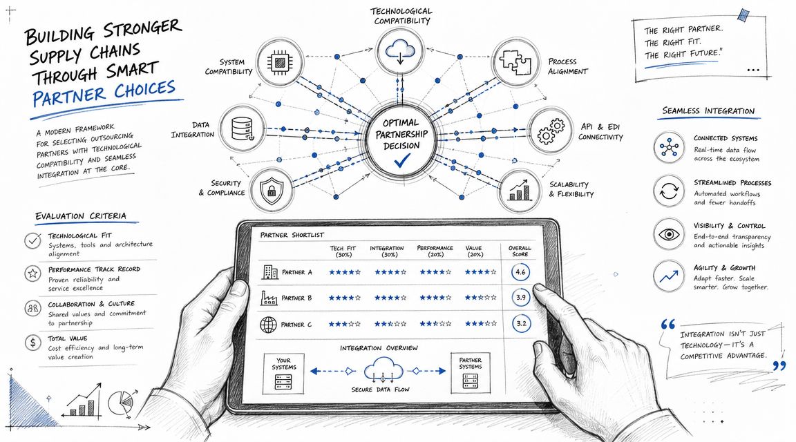 An infographic illustrating a framework for evaluating and selecting outsourcing partners based on technology and supply chain integration.
