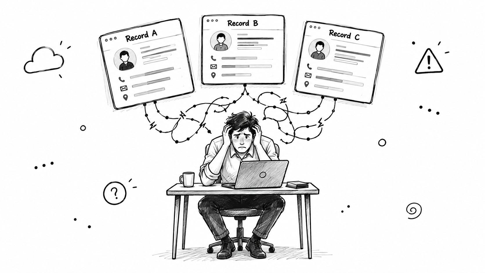 A stressed man at a laptop overwhelmed by complex data management and system integration issues.