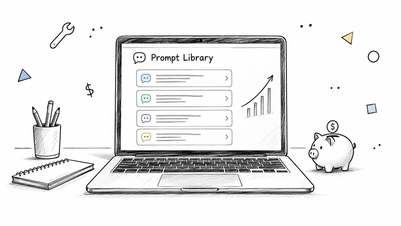 A digital illustration showing a laptop displaying a prompt library menu next to a piggy bank.