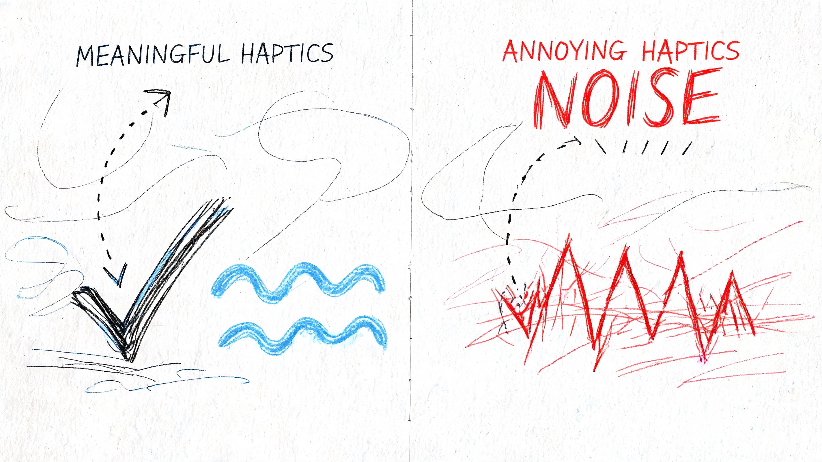 A hand-drawn comparison showing meaningful haptics as smooth patterns versus annoying haptics depicted as chaotic red noise.