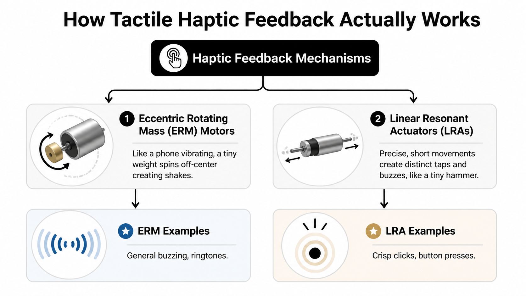 A diagram explaining tactile haptic feedback comparing eccentric rotating mass motors and linear resonant actuators.