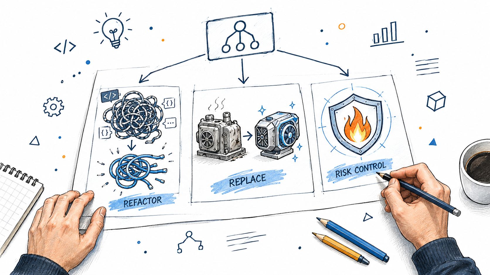 A hand drawing a strategic plan on paper illustrating refactoring, replacing, and risk control management techniques.