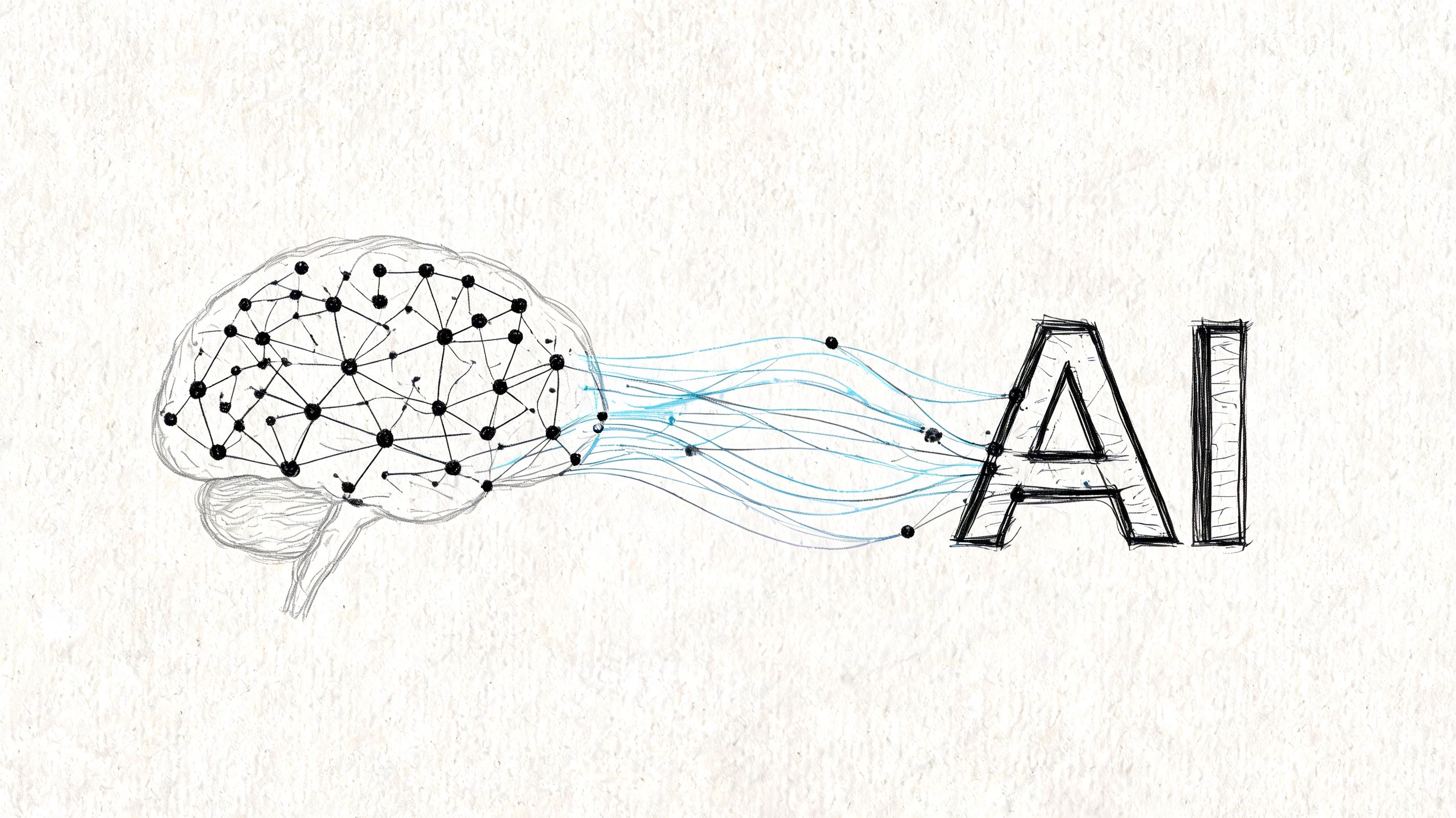 A pencil sketch of a human brain with connected neural nodes transforming into the letters AI.