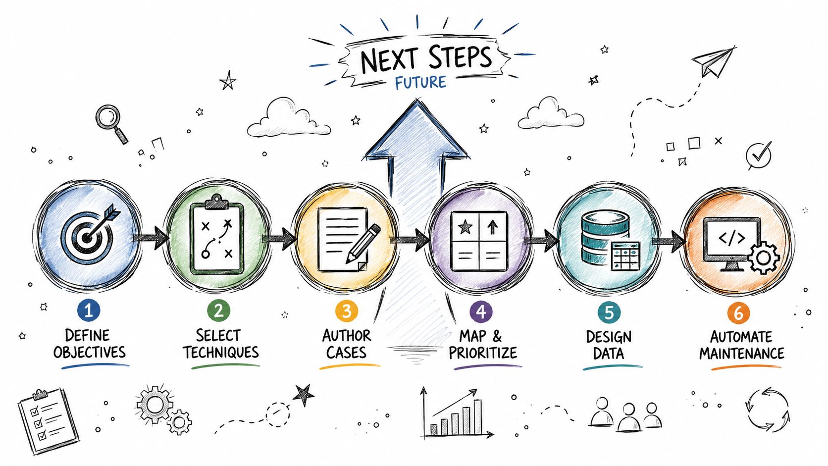A hand-drawn flowchart illustrating six numbered steps for a future test case design strategy.