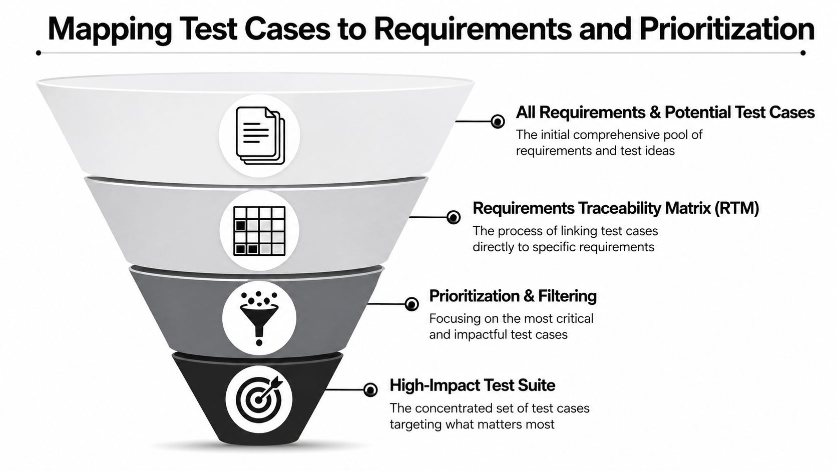 A funnel diagram illustrating the process of mapping test cases to requirements and prioritizing high-impact testing.