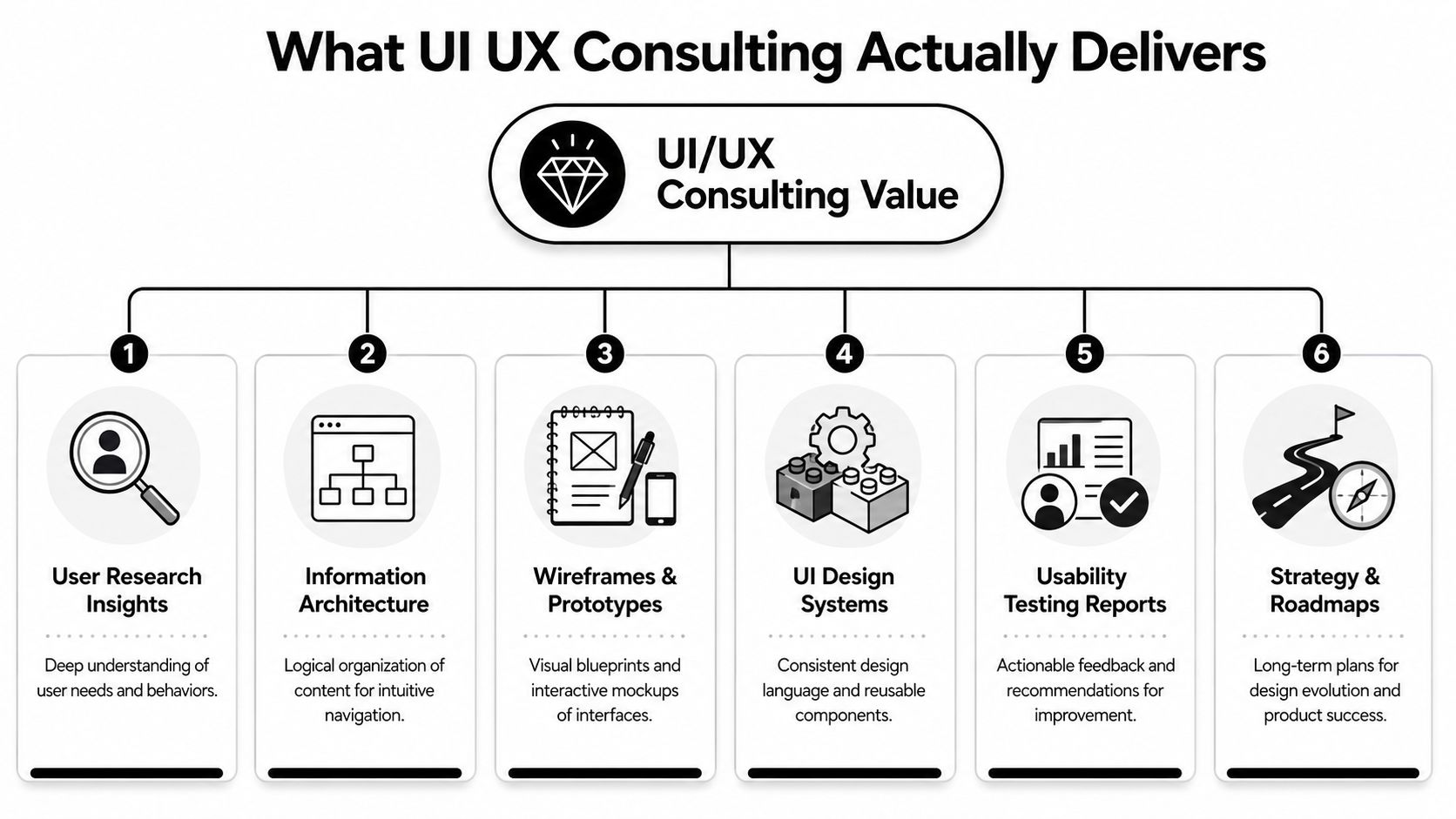 A diagram illustrating the six key value propositions provided by professional UI UX design consulting services.
