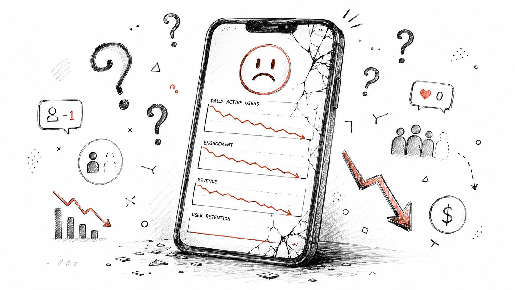 A sketched smartphone with a cracked screen displaying declining metrics and a sad face icon representing bad UX.