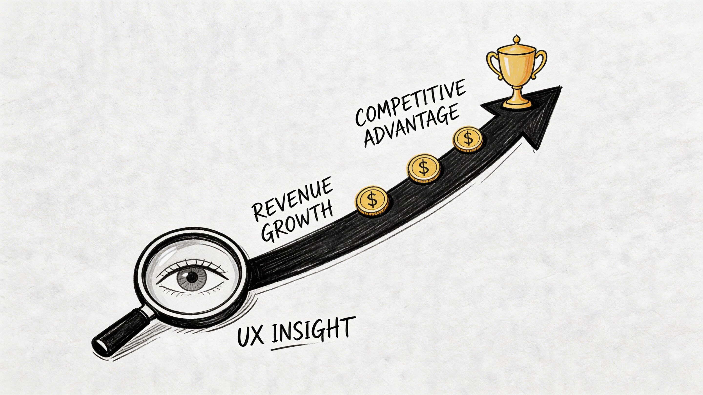 A conceptual illustration showing UX insight as a magnifying glass leading to revenue growth and competitive advantage.
