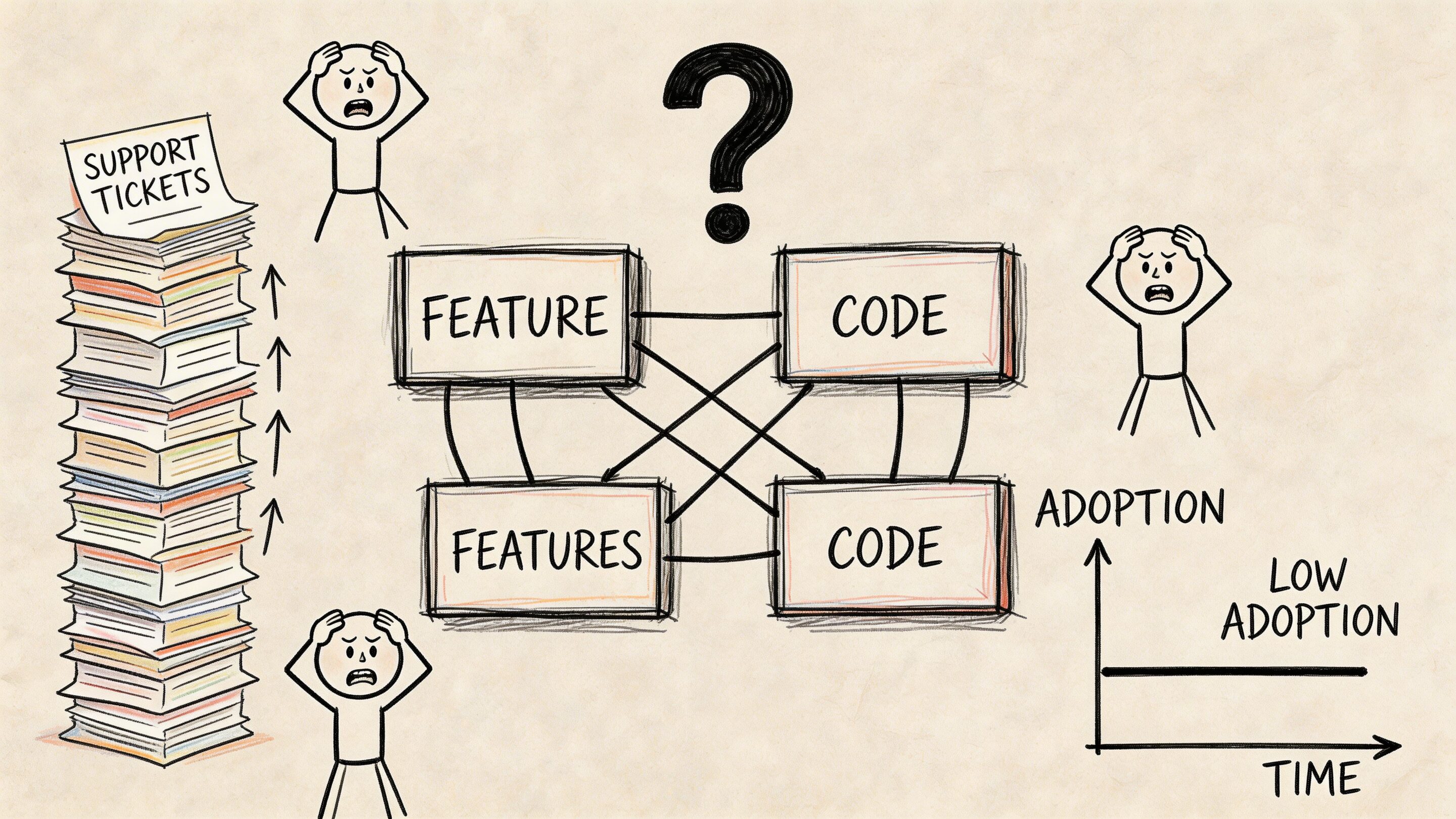 A hand-drawn diagram showing a chaotic development process leading to support tickets and low user adoption rates.