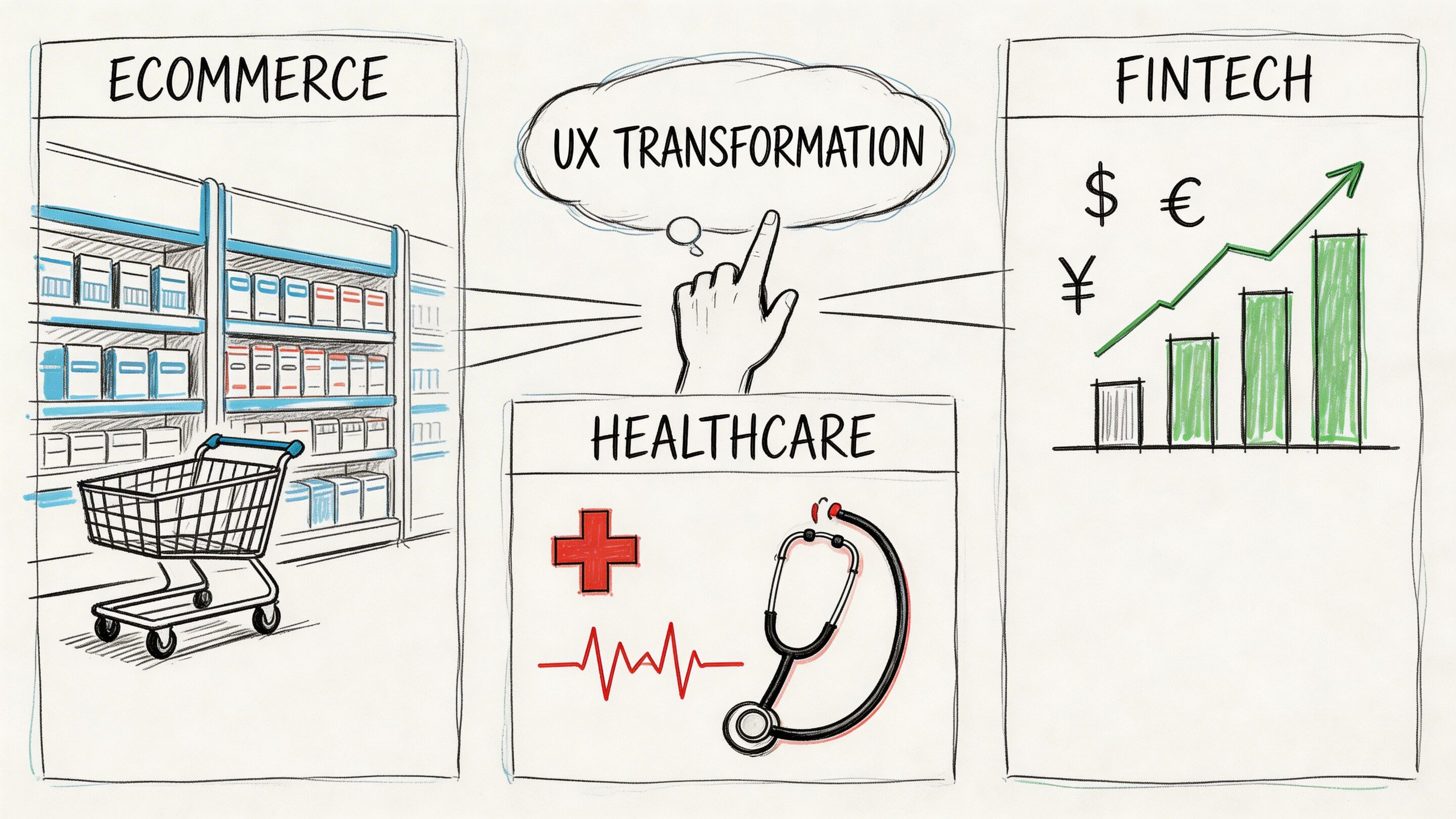 A conceptual diagram showing how UX transformation impacts ecommerce, fintech, and healthcare industries.