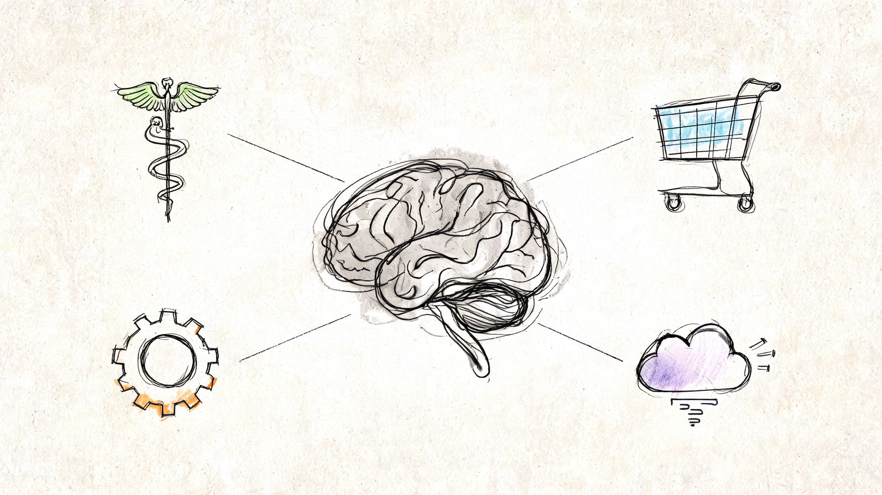 A hand-drawn sketch of a brain connected to medical, shopping, industrial, and cloud computing icons.