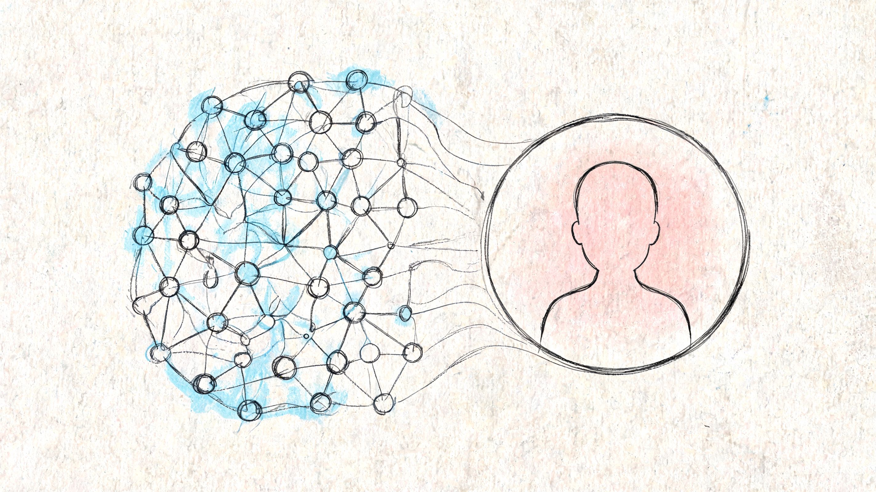 A hand-drawn sketch showing a complex neural network connected to a human profile icon representing psychological connection.